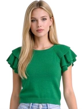 Sugarlips Emerald Green Ruffle Sleeve Crew Neck Sweater Size XS
